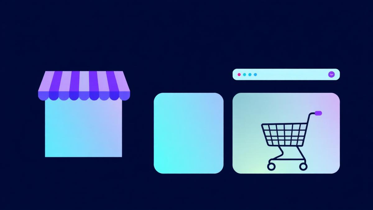 Illustration abstraite comparant une vitrine de présentation et une boutique en ligne
