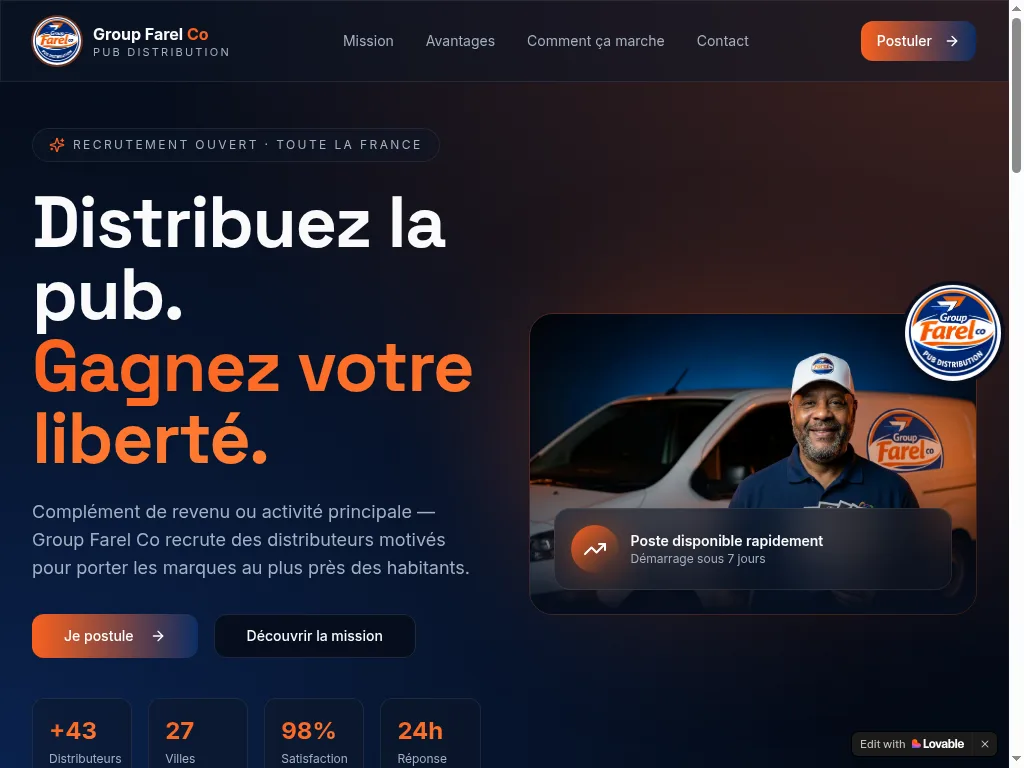 Aperçu du site Group Farel Co, Site de recrutement, distribution de publicités